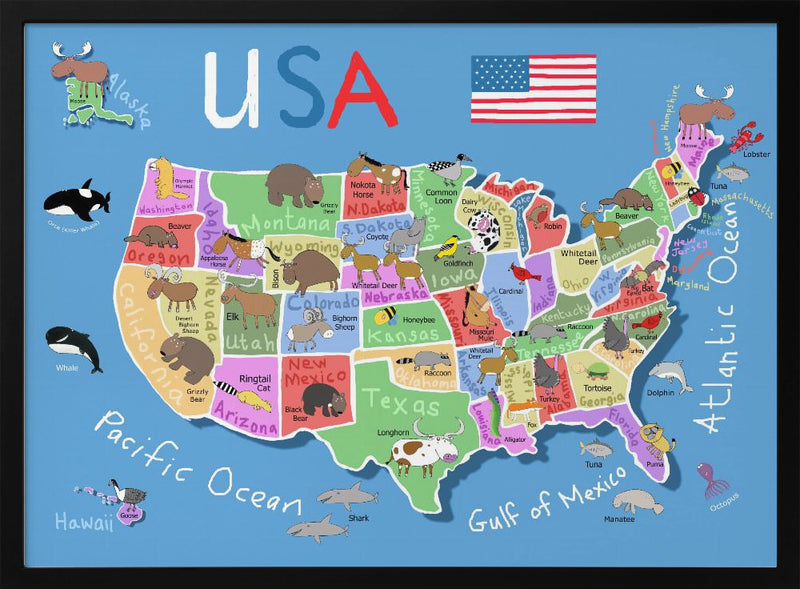 Illustrated Map of United States of America by Carla Daly - Stretched Canvas, Poster or Fine Art Print I Heart Wall Art