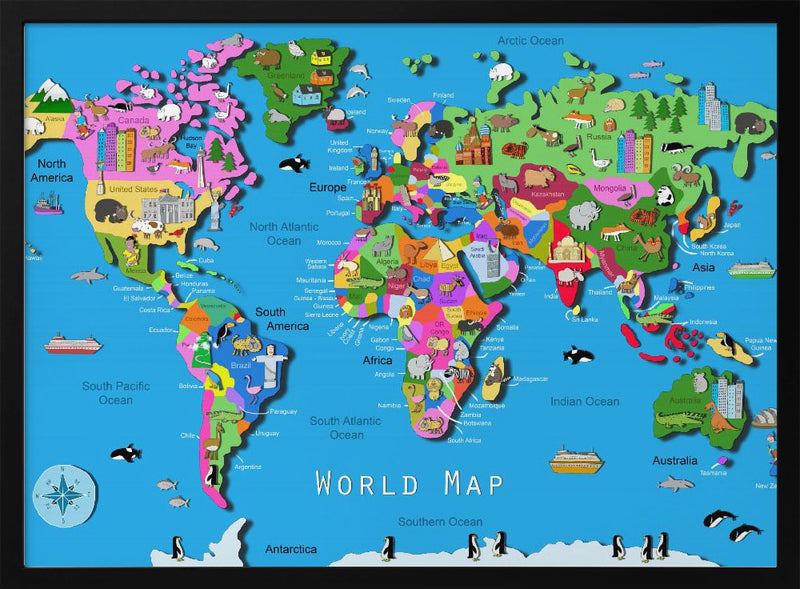 Illustrated World Map with Countries and Continents by Carla Daly - Stretched Canvas, Poster or Fine Art Print I Heart Wall Art