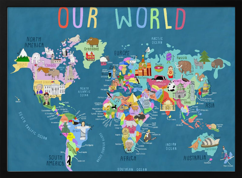 Our World Illustrated World Map for Kids - Stretched Canvas, Poster or Fine Art Print I Heart Wall Art