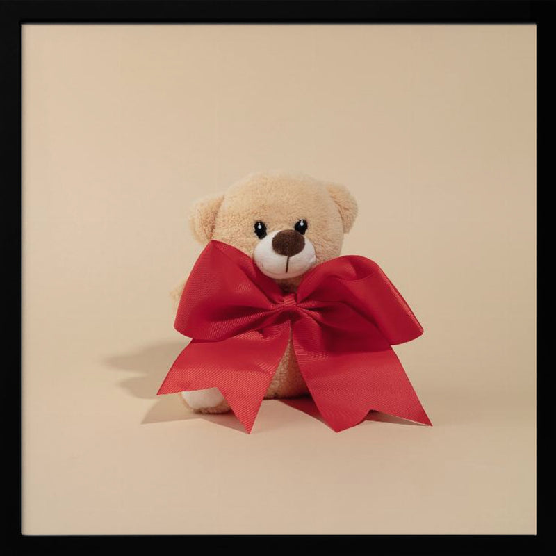 Teddy Bear with Red Bow - Square Stretched Canvas, Poster or Fine Art Print I Heart Wall Art