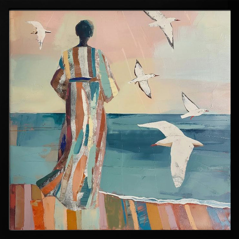 Woman and Seagull - Square Stretched Canvas, Poster or Fine Art Print I Heart Wall Art