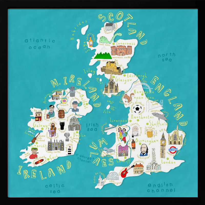 Map of UK and Ireland with Country Icons by Artist Carla Daly - Square Stretched Canvas, Poster or Fine Art Print I Heart Wall Art