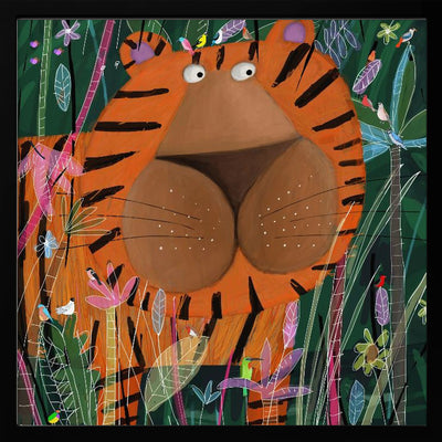 Cute Tiger Peeking Out of the Jungle by Artist Carla Daly - Square Stretched Canvas, Poster or Fine Art Print I Heart Wall Art