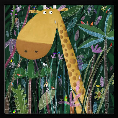 Cute Giraffe Peeks Out of the Jungle by Artist Carla Daly - Square Stretched Canvas, Poster or Fine Art Print I Heart Wall Art