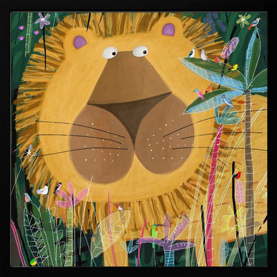 Large Lion Peeks Out of the Jungle Foliage by Artist Carla Daly - Square Stretched Canvas, Poster or Fine Art Print I Heart Wall Art