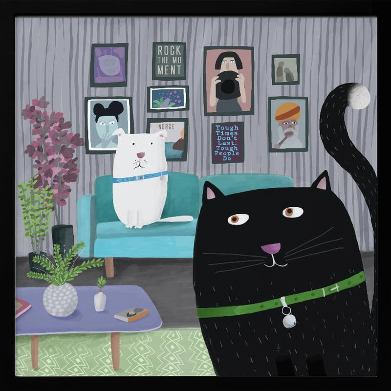 Black Cat and White Dog in Trendy Interior by Carla Daly - Square Stretched Canvas, Poster or Fine Art Print I Heart Wall Art