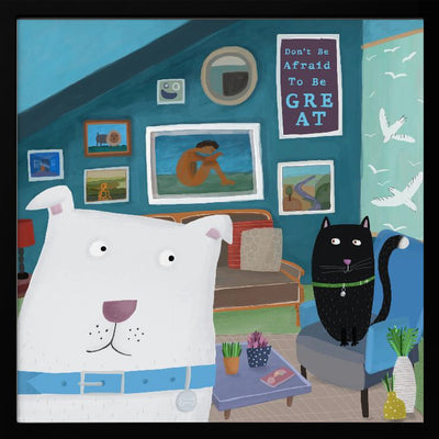 Cute White Dog with Black Cat in Designer Interior - Square Stretched Canvas, Poster or Fine Art Print I Heart Wall Art