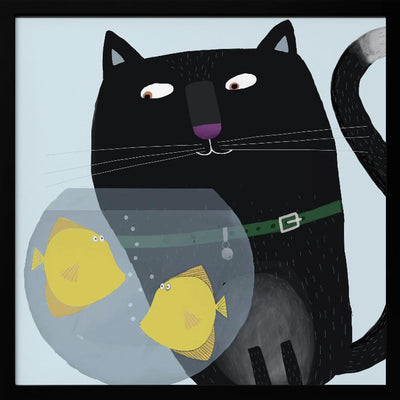 Black Cat Eyeing Up Yellow Fish in fish Bowl by Artist Carla Daly - Square Stretched Canvas, Poster or Fine Art Print I Heart Wall Art