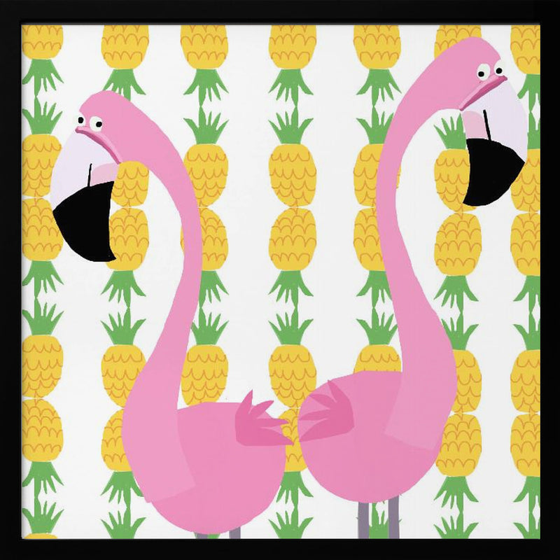 Two Falmingos with Pineapples by Artist Carla Daly - Square Stretched Canvas, Poster or Fine Art Print I Heart Wall Art