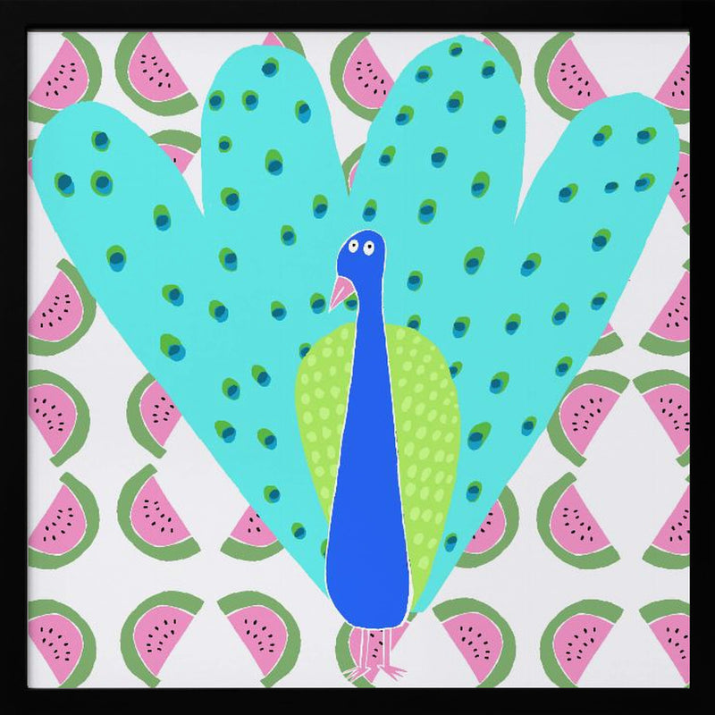 Electric Peacock with Watermelon Pattern by Artist Carla Daly - Square Stretched Canvas, Poster or Fine Art Print I Heart Wall Art