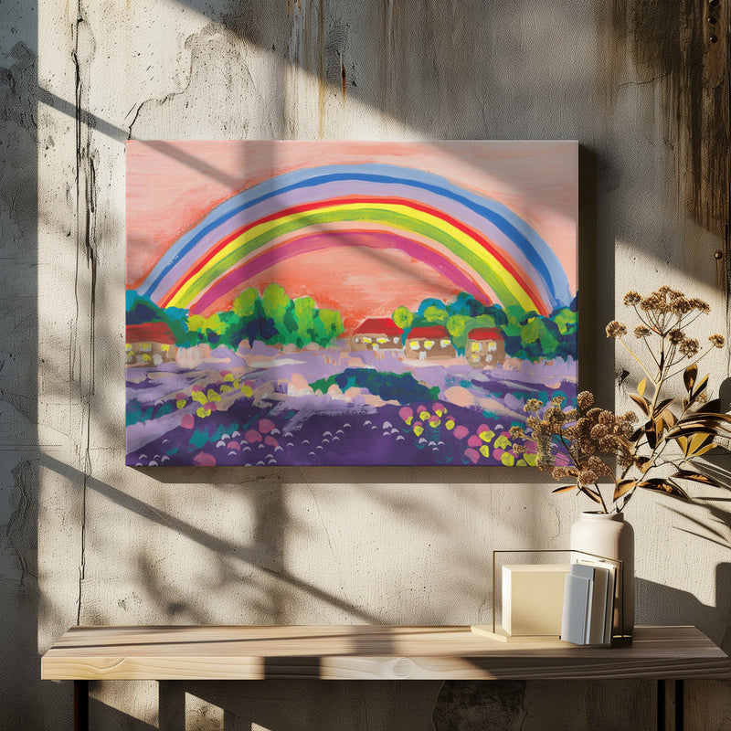 Countryside Rainbow On Orange - Stretched Canvas, Poster or Fine Art Print I Heart Wall Art