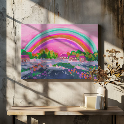 Countryside Rainbow On Pink - Stretched Canvas, Poster or Fine Art Print I Heart Wall Art