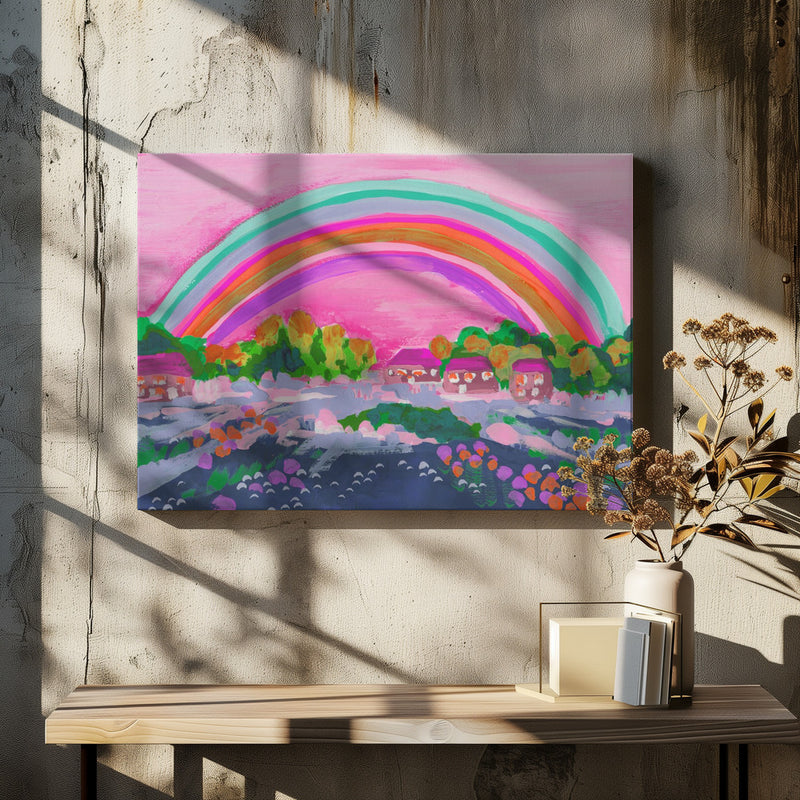 Countryside Rainbow On Pink - Stretched Canvas, Poster or Fine Art Print I Heart Wall Art