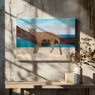 Leopard lying on beach landscape - Stretched Canvas, Poster or Fine Art Print I Heart Wall Art