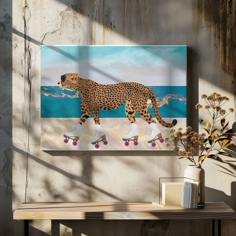 Cheetah Rollerskating Landscape Beach 01 - Stretched Canvas, Poster or Fine Art Print I Heart Wall Art