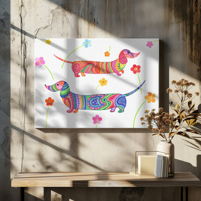 20240507132407121 0001 Sausage Dogs and Flowers Re Worked - Stretched Canvas, Poster or Fine Art Print I Heart Wall Art