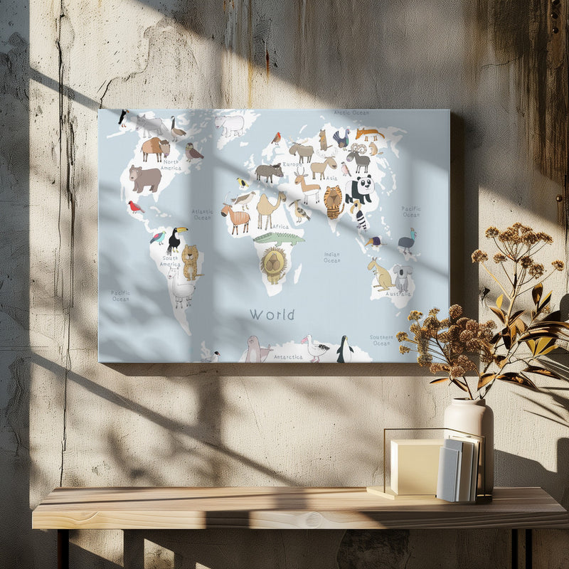 Illustrated Map of the World with Cute Animals - Stretched Canvas, Poster or Fine Art Print I Heart Wall Art