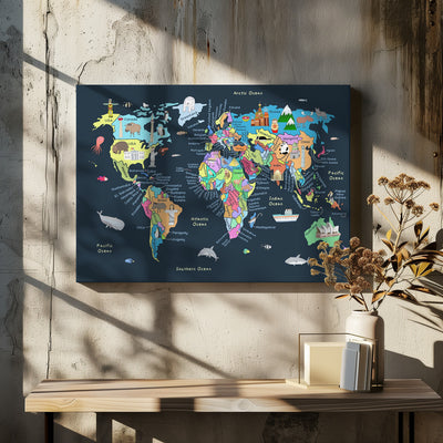 Educational Illustrated Map of the World for Kids - Stretched Canvas, Poster or Fine Art Print I Heart Wall Art