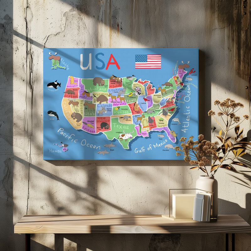 Illustrated Map of United States of America by Carla Daly - Stretched Canvas, Poster or Fine Art Print I Heart Wall Art