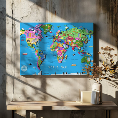 Illustrated World Map with Countries and Continents by Carla Daly - Stretched Canvas, Poster or Fine Art Print I Heart Wall Art