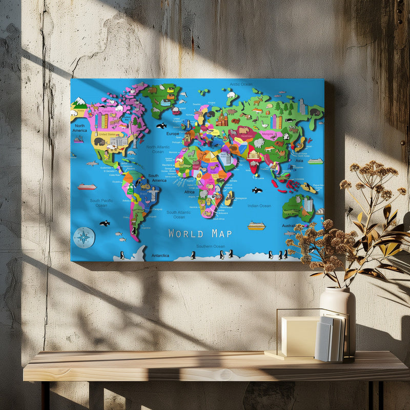 Illustrated World Map with Countries and Continents by Carla Daly - Stretched Canvas, Poster or Fine Art Print I Heart Wall Art