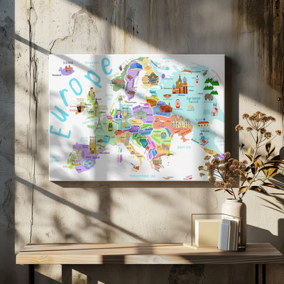 Illustrated Map of Europe by Map Illustrator Carla Daly - Stretched Canvas, Poster or Fine Art Print I Heart Wall Art