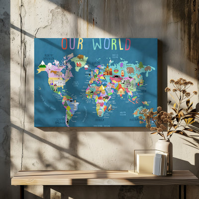 Our World Illustrated World Map for Kids - Stretched Canvas, Poster or Fine Art Print I Heart Wall Art