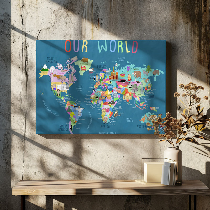 Our World Illustrated World Map for Kids - Stretched Canvas, Poster or Fine Art Print I Heart Wall Art