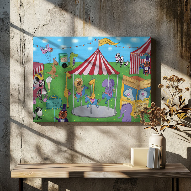 Welcome to the Carousel with Funny Animals by Artist Carla Daly - Stretched Canvas, Poster or Fine Art Print I Heart Wall Art