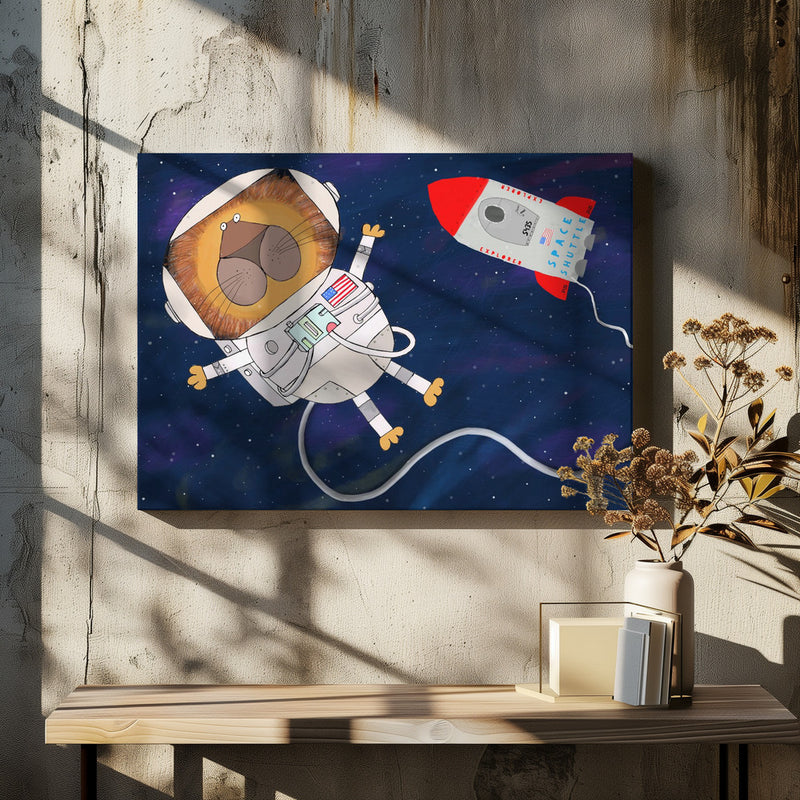 Funny Lion Astronaut is Swirling in Space by Artist Carla Daly - Stretched Canvas, Poster or Fine Art Print I Heart Wall Art