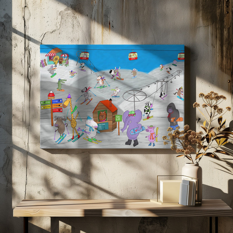 Funny Animals Enjoying the Ski Slopes by Illustrator Carla Daly - Stretched Canvas, Poster or Fine Art Print I Heart Wall Art