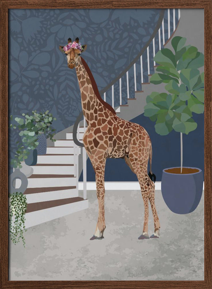 Giraffe by the stairs - Stretched Canvas, Poster or Fine Art Print I Heart Wall Art