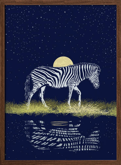 Zebra Waterhole Moonrise - Stretched Canvas, Poster or Fine Art Print I Heart Wall Art