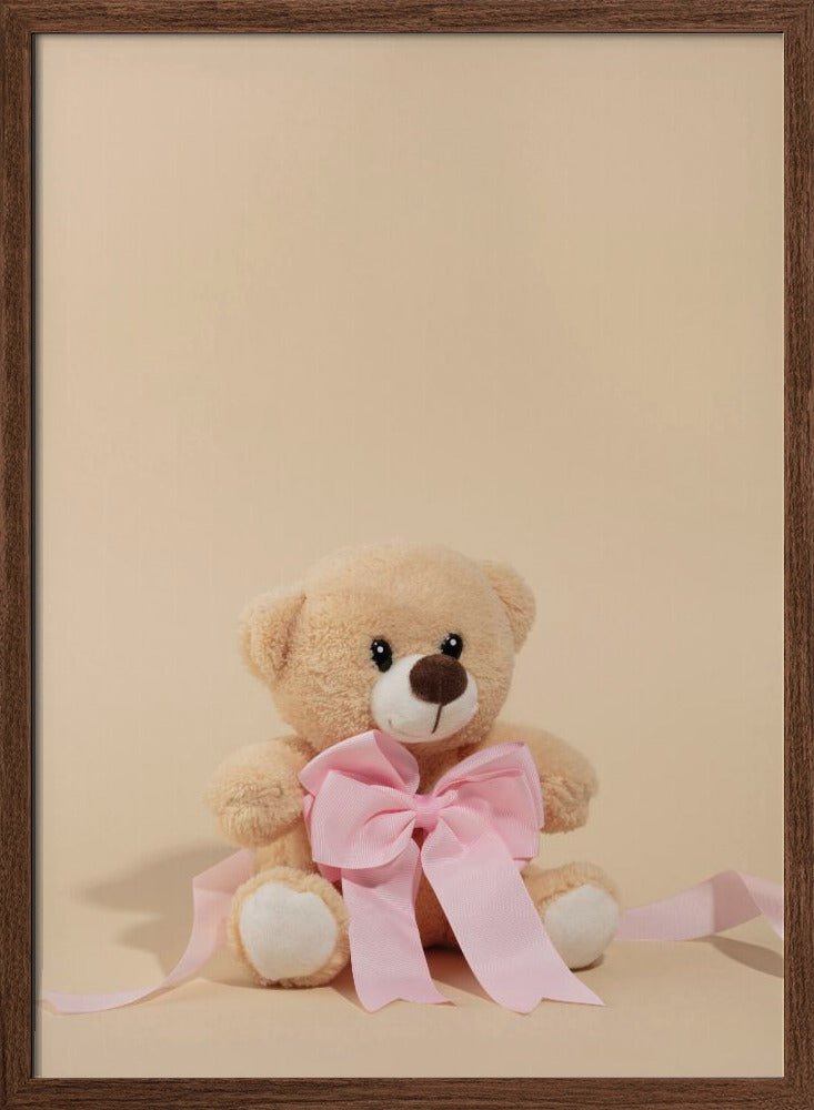 Teddy Bear with Pink Bow - Stretched Canvas, Poster or Fine Art Print I Heart Wall Art