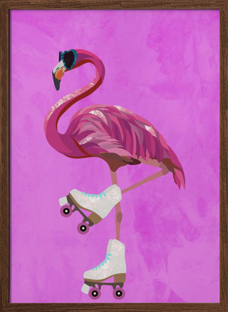 Pink Flamingo Roller Skating - Stretched Canvas, Poster or Fine Art Print I Heart Wall Art