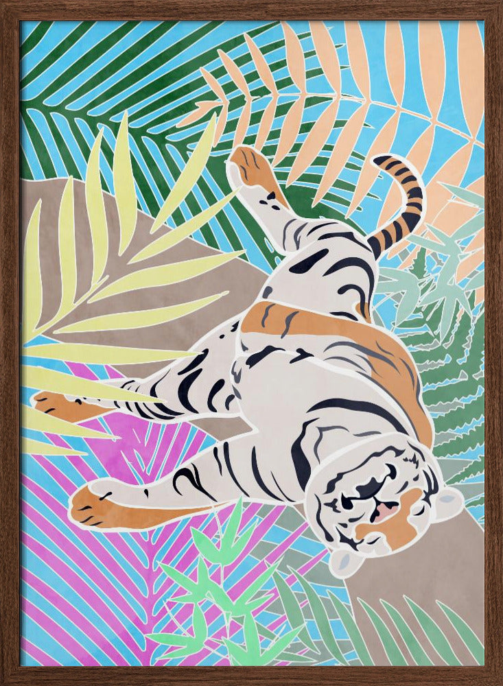 Tiger Sleepling in colourful jungle - Stretched Canvas, Poster or Fine Art Print I Heart Wall Art