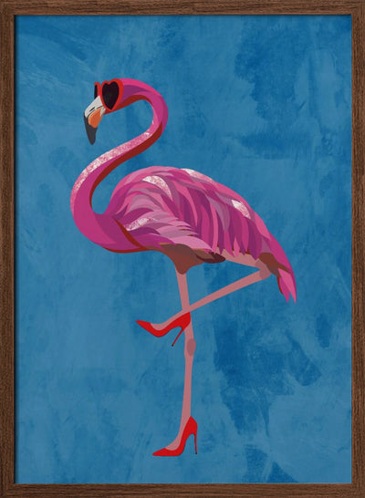 Flamingo in heels and heart glasses blue - Stretched Canvas, Poster or Fine Art Print I Heart Wall Art