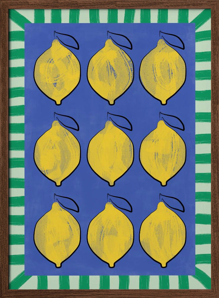 Vibrant Yellow Lemons on a Deep Blue - Stretched Canvas, Poster or Fine Art Print I Heart Wall Art
