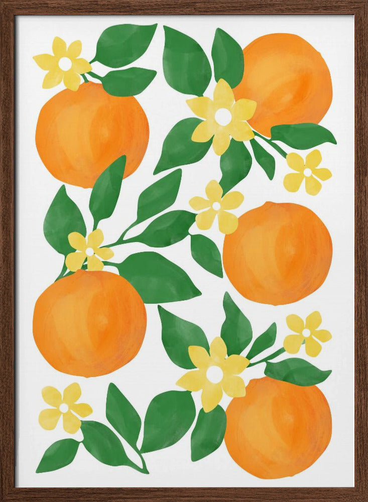 Oranges with Green Leaves and Delicate Yellow Flowers - Stretched Canvas, Poster or Fine Art Print I Heart Wall Art