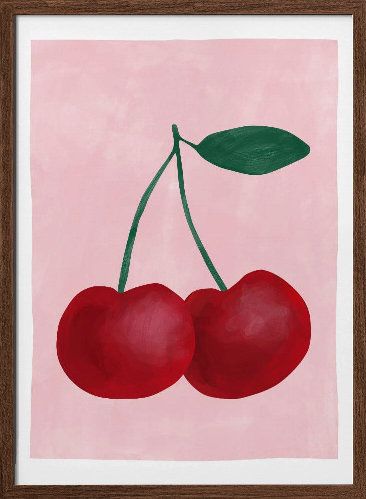 Red Cherries with a Green Leaf - Stretched Canvas, Poster or Fine Art Print I Heart Wall Art