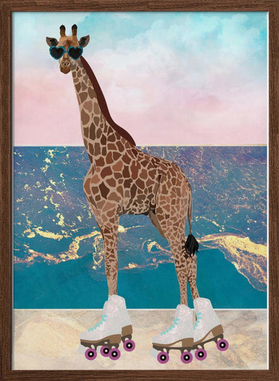 Giraffe On Holiday rollerskating - Stretched Canvas, Poster or Fine Art Print I Heart Wall Art