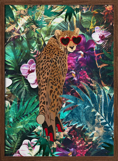 Tropical Floral Jungle - Cheetah in heels 2 - Stretched Canvas, Poster or Fine Art Print I Heart Wall Art