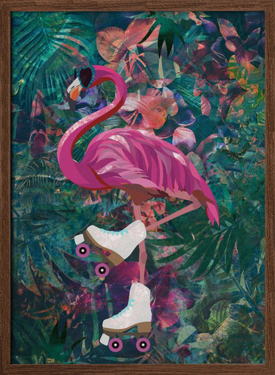 Tropical Floral Jungle - FLamingo rollerskating - Stretched Canvas, Poster or Fine Art Print I Heart Wall Art