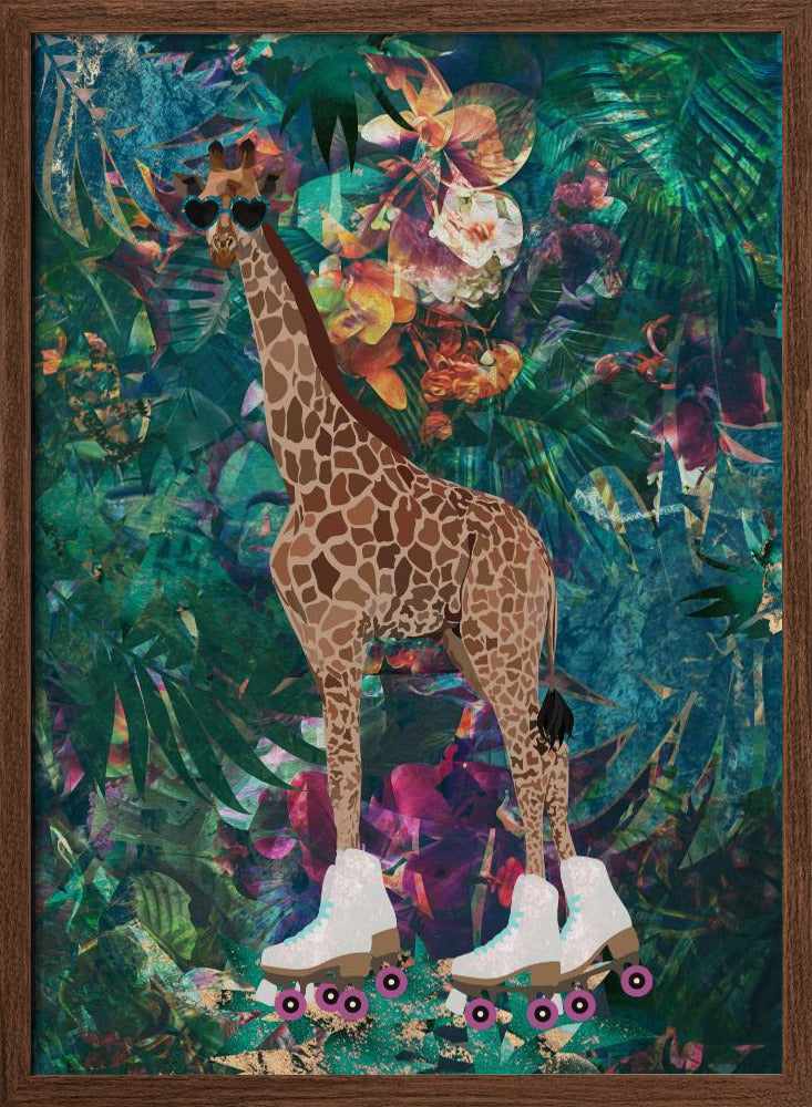 Tropical Floral Jungle - Giraffe rollerskating - Stretched Canvas, Poster or Fine Art Print I Heart Wall Art