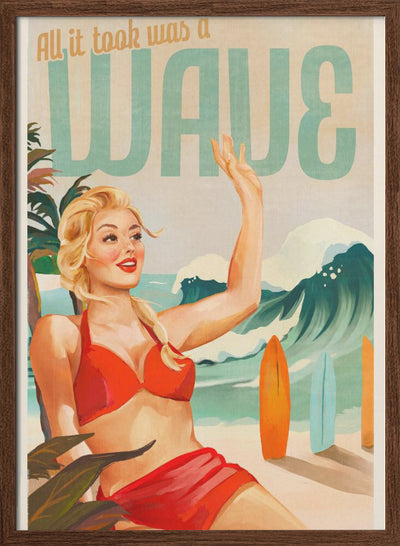 Surfing Pinup Girl On Beach In Bikini - Stretched Canvas, Poster or Fine Art Print I Heart Wall Art