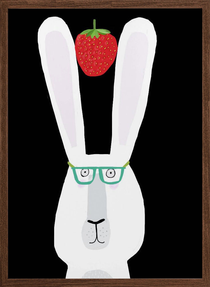 Cute White Rabbit with Strawberry by Artist Carla Daly - Stretched Canvas, Poster or Fine Art Print I Heart Wall Art