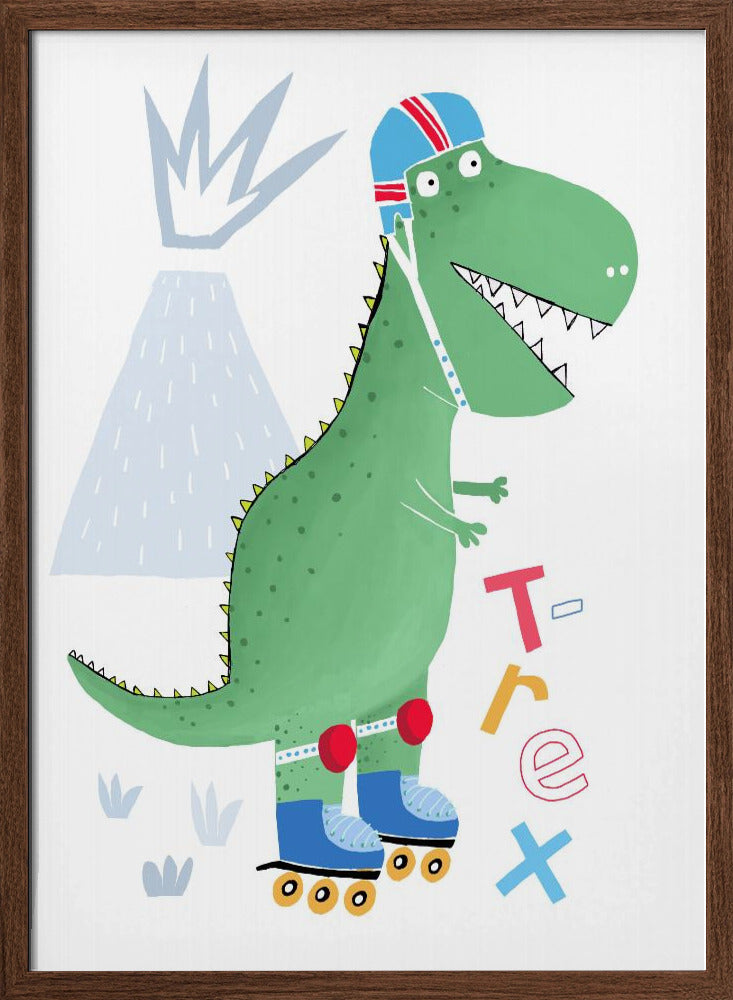 Funny T-Rex on Rollerblades with Volcano by Artist Carla Daly - Stretched Canvas, Poster or Fine Art Print I Heart Wall Art