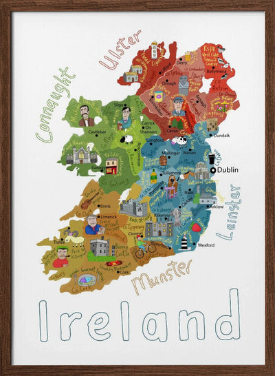 Illustrated Map of Ireland with Country Icons by Carla Daly - Stretched Canvas, Poster or Fine Art Print I Heart Wall Art