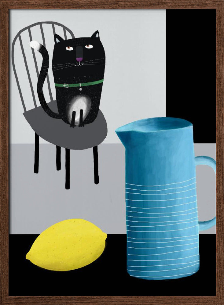 Cute Black Cat sitting on a Chair with Blue Vase and Lemon - Stretched Canvas, Poster or Fine Art Print I Heart Wall Art