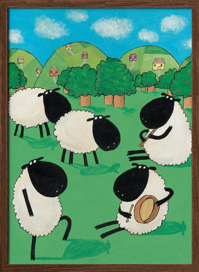 Funny Sheep Dancing in a Green Field by Artist Carla Daly - Stretched Canvas, Poster or Fine Art Print I Heart Wall Art